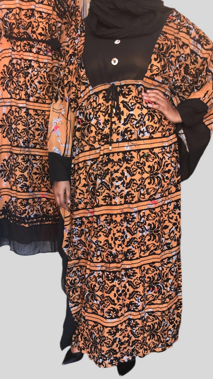 ZIZI Yani Floral Print Butterfly Dress FINAL SALE with black and orange floral pattern and button details