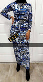 906 Grafitti Bodycon Print Zipper Dress by ZIZI Boutique in blue and yellow with long sleeves and fitted design