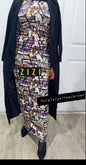 906 Grafitti Bodycon Print Zipper Dress in purple yellow and brown worn with black coat and heels