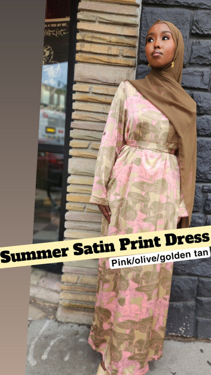 Elegant Summer Silk Satin Print Maxi Dress New Arrival in pink, olive, and golden tan tones