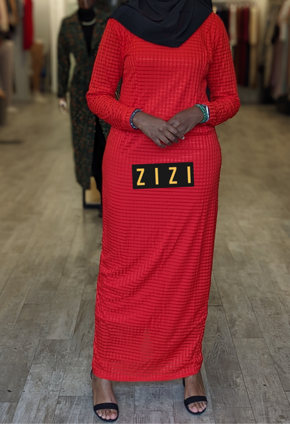 ZIZI Checkered Color Maxi Dress in vibrant red with long sleeves and textured fabric design
