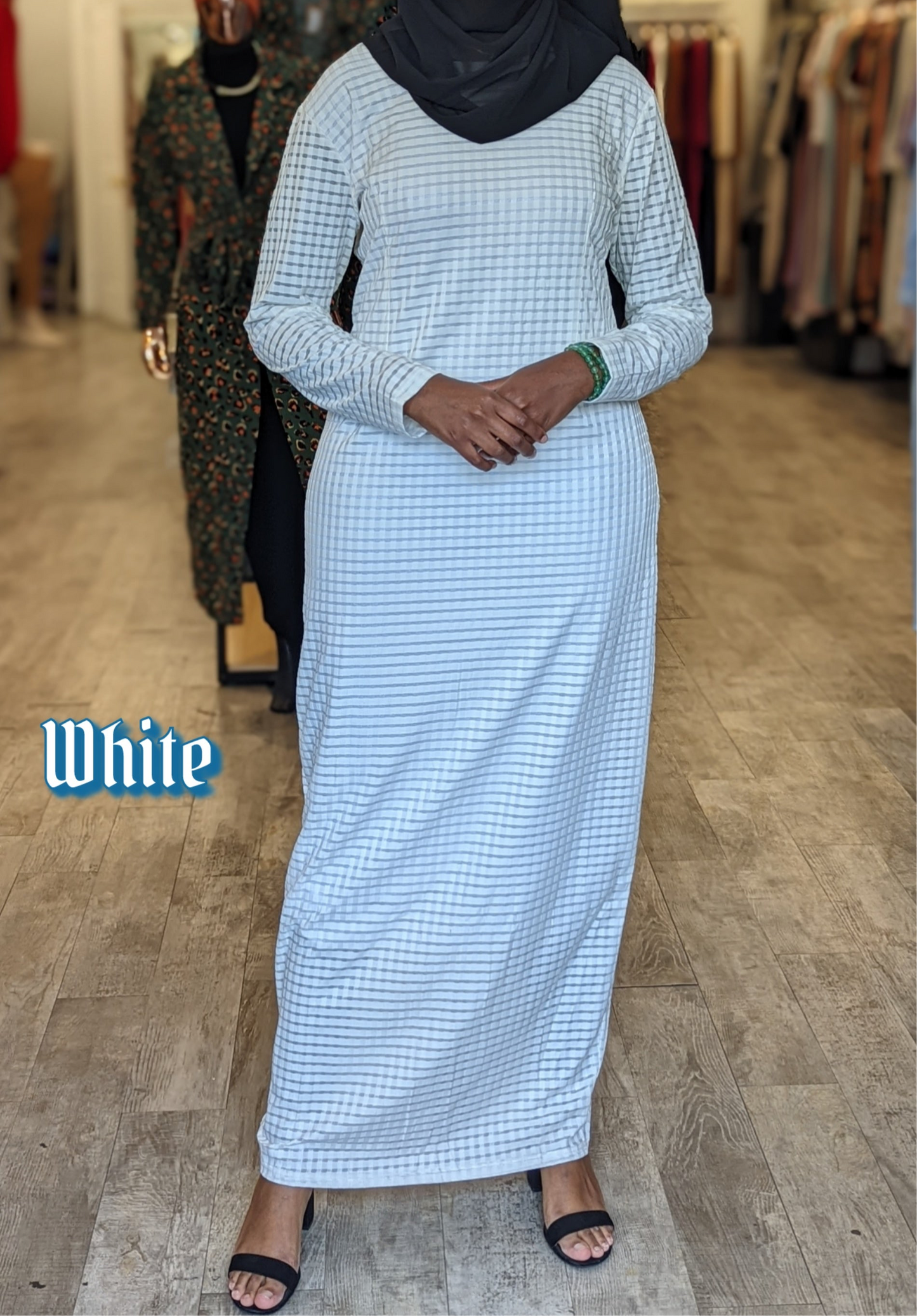 ZIZI white Checkered Color Maxi Dress with long sleeves and a modest design worn with black sandals