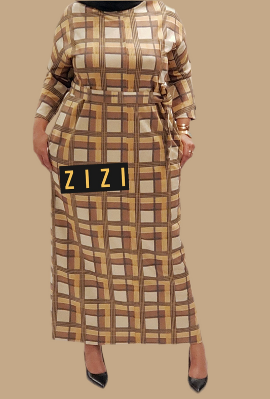 ZIZI Plaid Pocket Dress long sleeve beige brown checkered pattern with waist tie and pockets