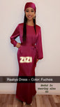 ZIZI Satin Evening Dress in Fuchsia with Elegant Long Sleeves and Belted Waist