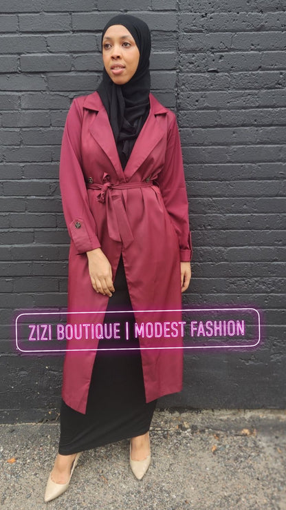 Women's Essential Everyday Modest Maxi Blazer in burgundy with a tie waist for stylish layering