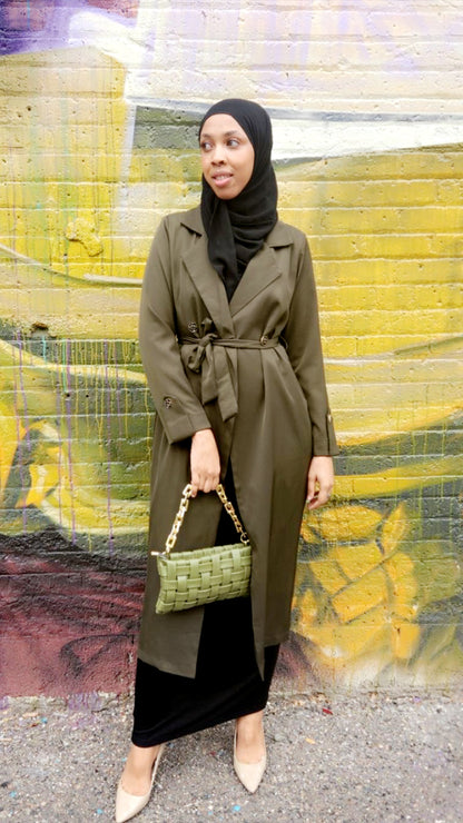 Women's Essential Everyday Modest Maxi Blazer in Olive Green with Tie Waist and Long Sleeves