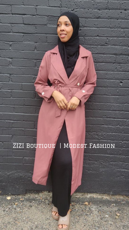 ZIZI Women's Essential Everyday Modest Maxi Blazer in Pink with a Belted Waist for Elegant Styling
