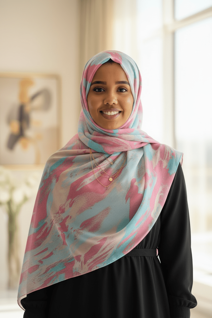 Chiffon Print Hijab — Cyan & Pink Streaks - ZIZI Boutique