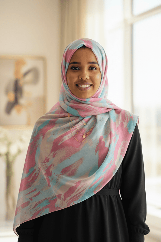 Chiffon Print Hijab — Cyan & Pink Streaks - ZIZI Boutique