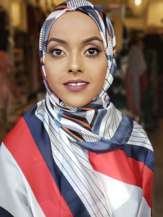 Silk Print Hijab - Blue/Red/Orange Stripes - ZIZI 