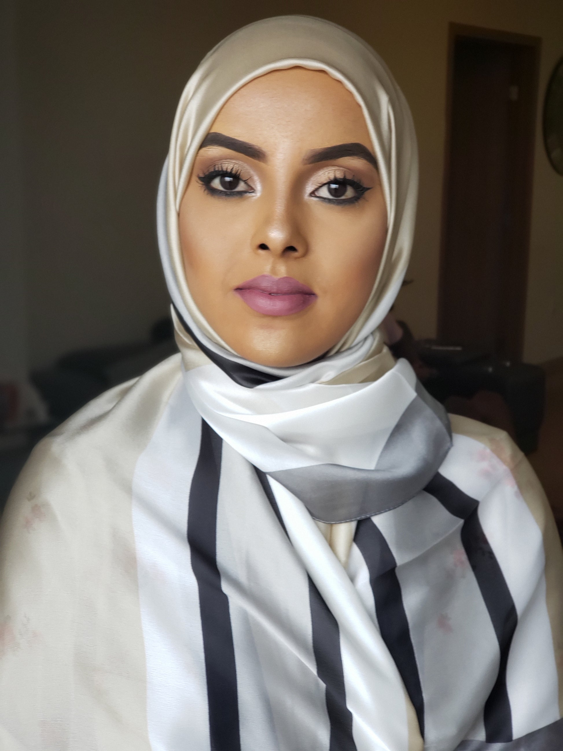 Silk Print Hijab - Biege + Black Stripe - ZIZI 