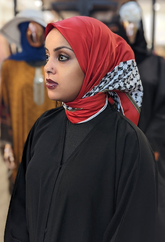 Small Square Silk Print Hijab - Red - ZIZI Boutique