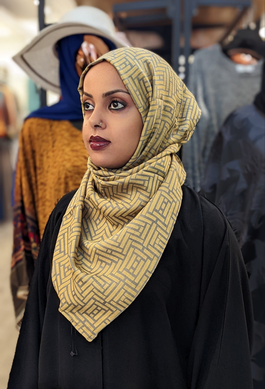 Cotton Print Hijab - Yellow & Grey Maze