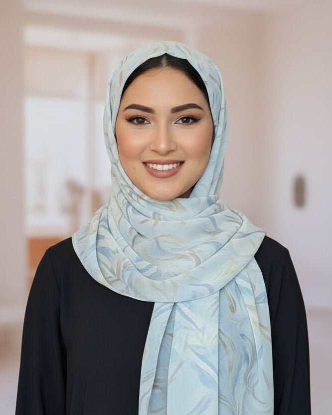 Chiffon Print Hijab - Blue & Tan Swirls - ZIZI Boutique