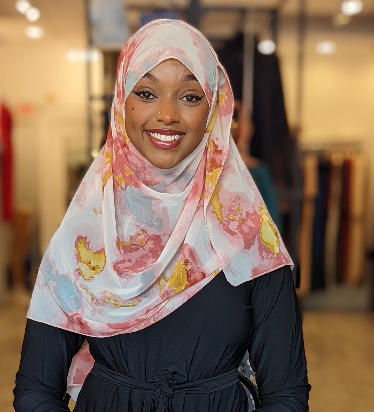 Chiffon Print Hijab - Pink Peach/Yellow/Grey Ink Blots - ZIZI Boutique