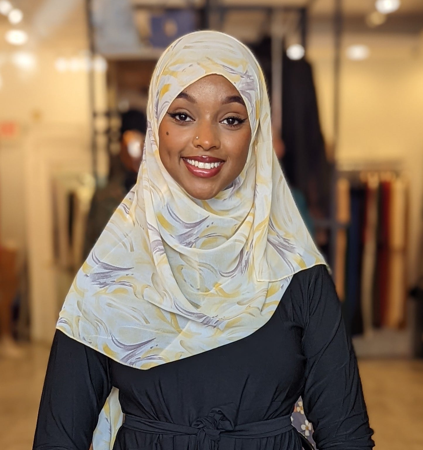 Chiffon Print Hijab - Yellow & Taupe Swirls - ZIZI Boutique