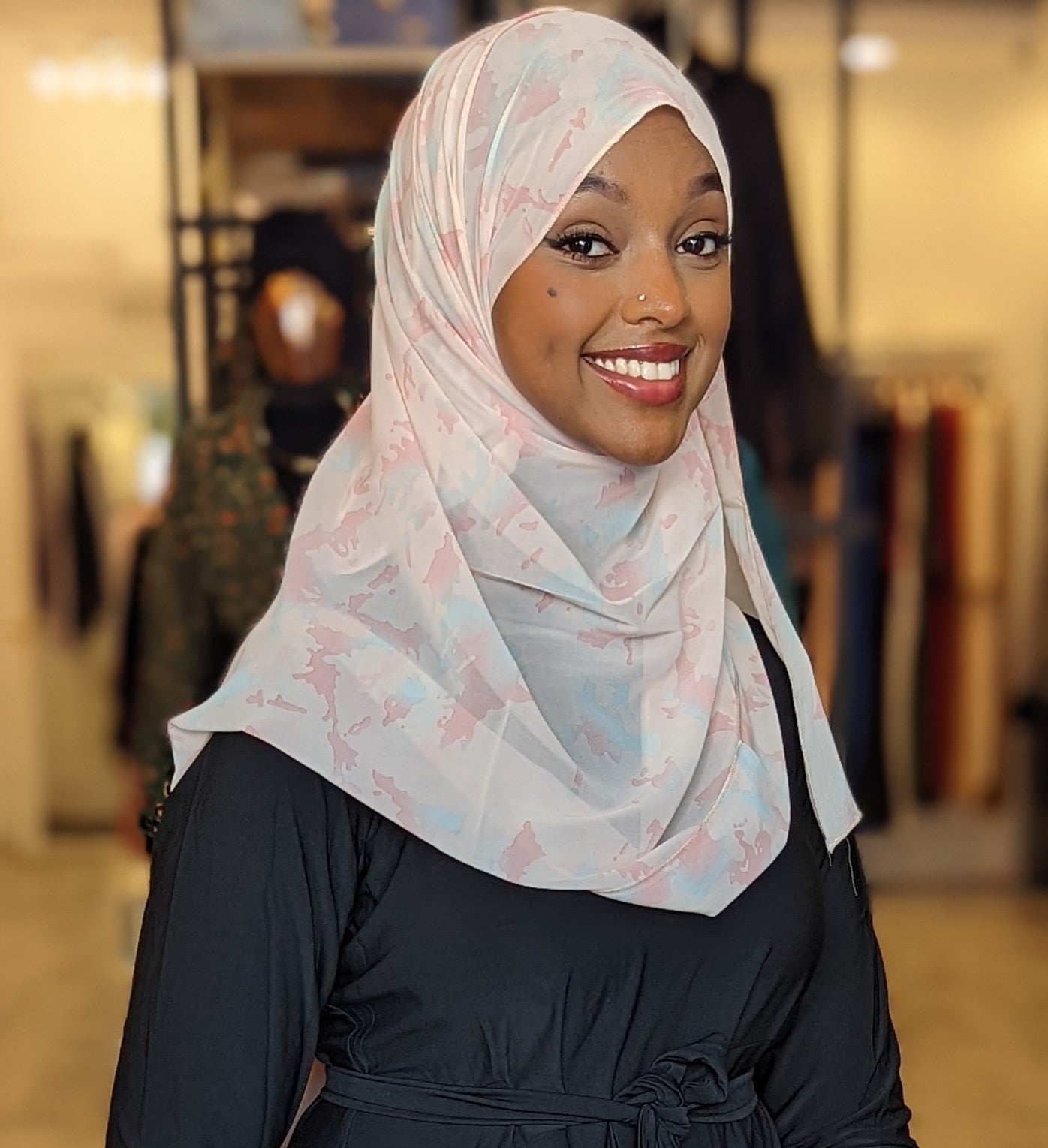 Chiffon Print Hijab - Pink + Light Blue Mini Blots - ZIZI Boutique