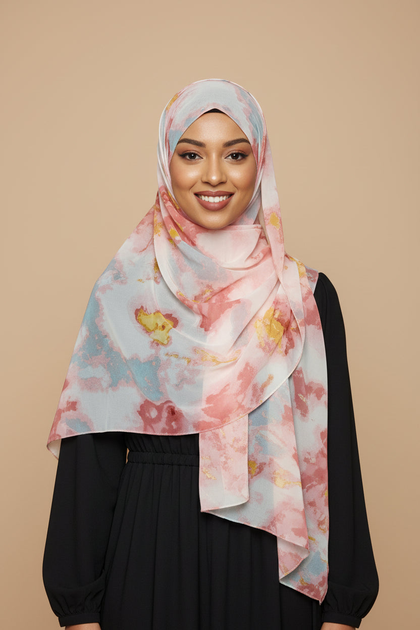 Pink Peach/Yellow/Grey Ink Blots Chiffon Print Hijab 