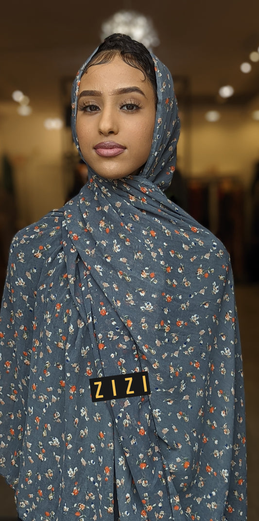 Chiffon Print Hijab - Dark Grey w/Orange + Tan Flowers - ZIZI Boutique