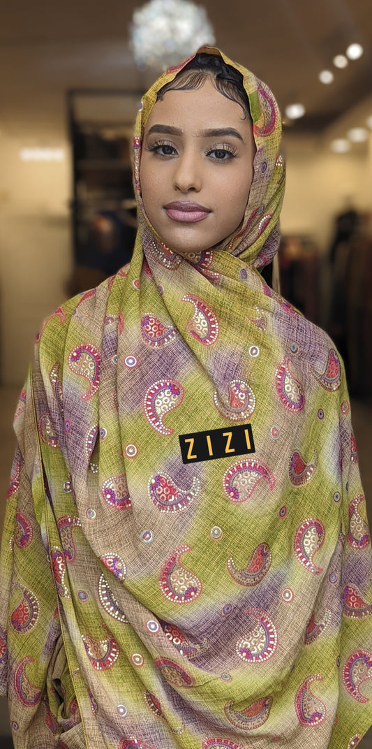 Paisley Print Print Hijab - Mustard Lime + Lavender - ZIZI Boutique