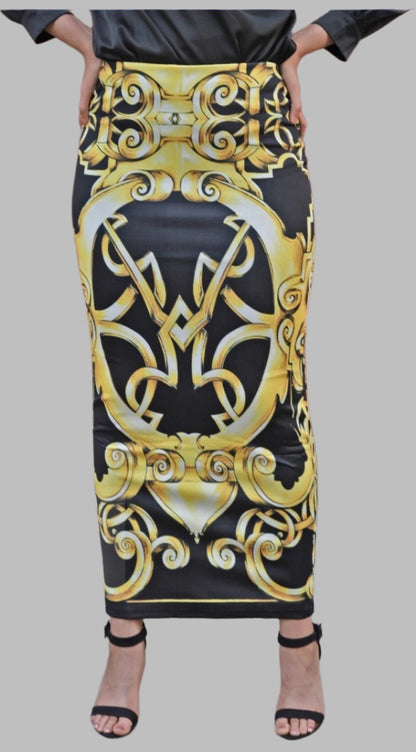 Artsy Digital Print Maxi Skirt in bold gold and black design from ZIZI Boutique on final sale