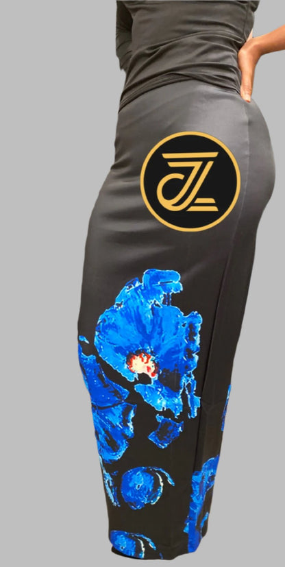 ZIZI Boutique Artsy Digital Print Maxi Skirt FINAL SALE featuring vibrant blue floral designs