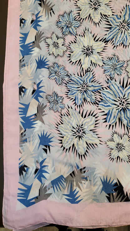 Baby Pink Silk Print Hijab with blue and white floral patterns and soft pastel edges