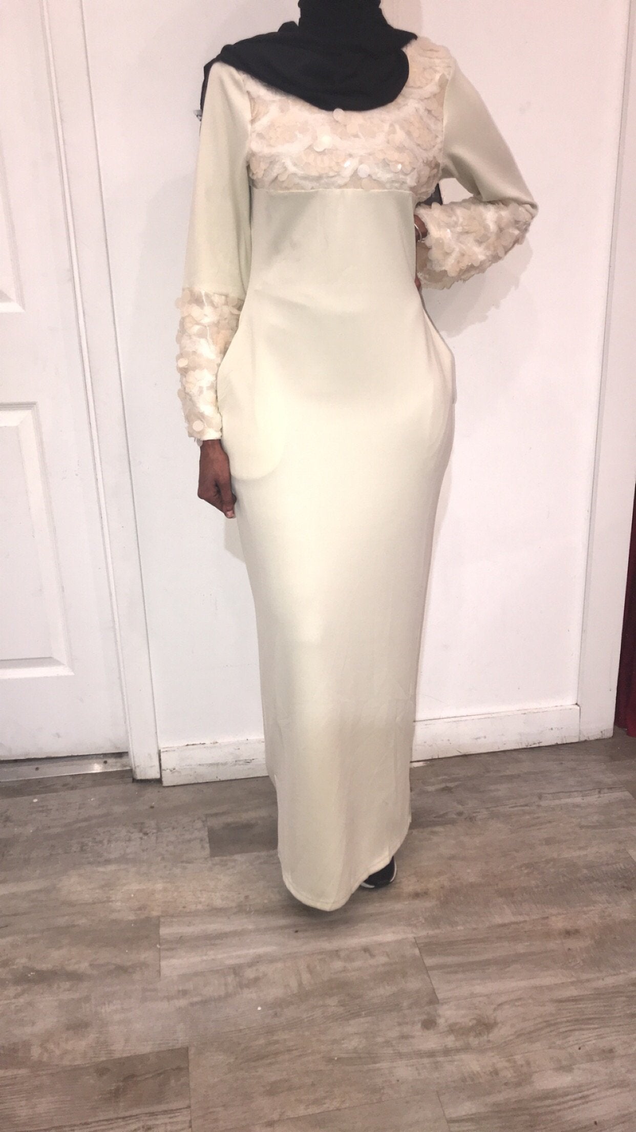 ZIZI Boutique Bella Dress FINAL SALE long cream maxi dress with floral lace detailing on chest and sleeves