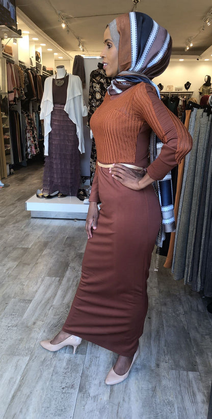 Model showcasing a Braided Evening Dress for Elegant Special Occasion in warm brown tones at ZIZI Boutique