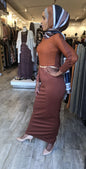 Model showcasing a Braided Evening Dress for Elegant Special Occasion in warm brown tones at ZIZI Boutique