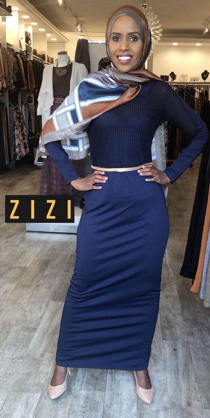 Braided Evening Dress for Elegant Special Occasion, showcasing a fitted style in navy blue at ZIZI Boutique