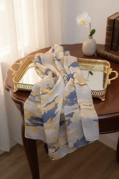 Chiffon Print Hijab — Blue, Cream & Yellow Streaks - ZIZI Boutique