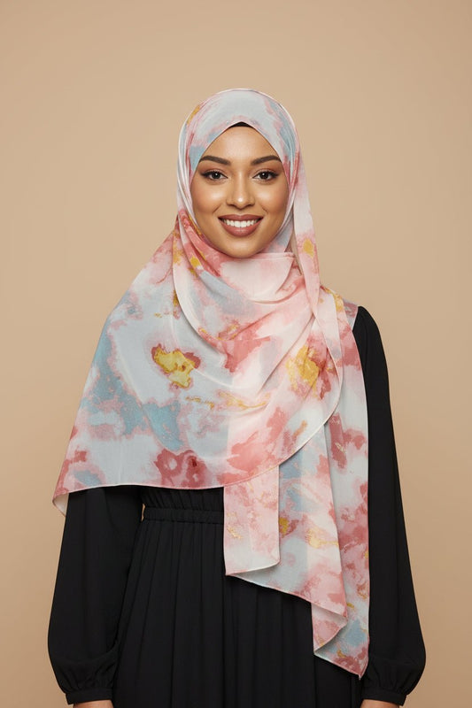 Chiffon Print Hijab — Pink, Peach, Yellow & Grey Ink Blots - ZIZI Boutique