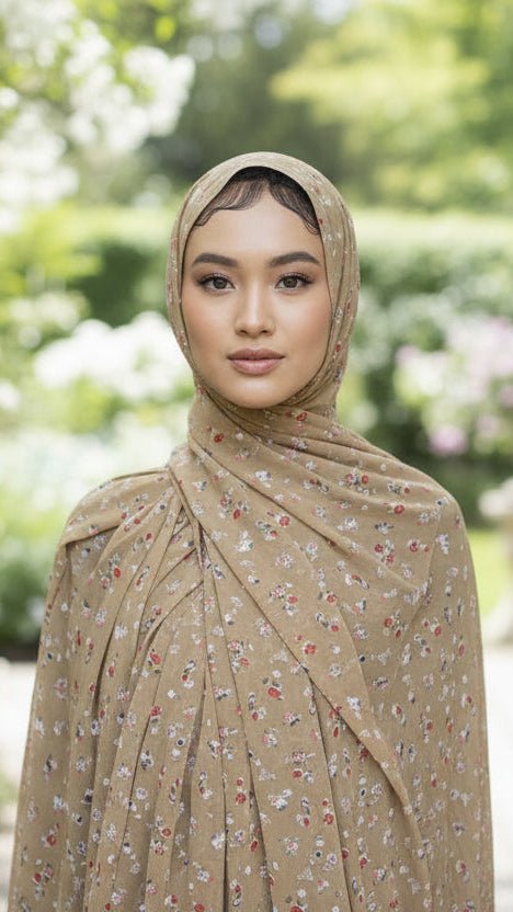 Chiffon Print Hijab — Tan with Red Mini Flowers - ZIZI Boutique