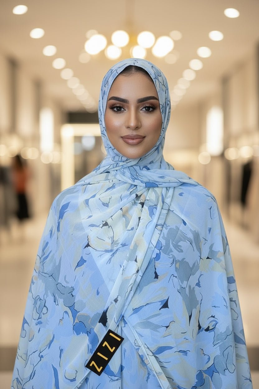 Chiffon Print Hijab — Yellow, Blue & Green Flowers - ZIZI Boutique