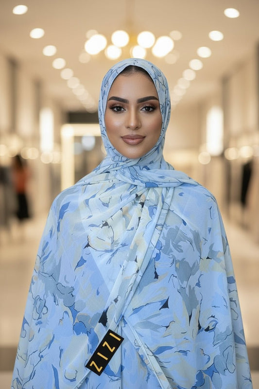 Chiffon Print Hijab — Yellow, Blue & Green Flowers - ZIZI Boutique
