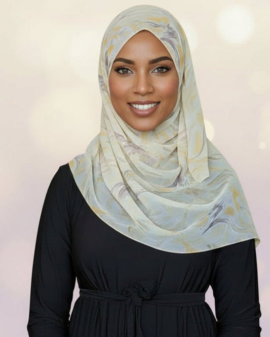 Chiffon Print Hijab — Yellow & Taupe Swirls - ZIZI Boutique