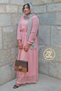 Cleopatra Chiffon Maxi Dress FINAL SALE in pink, styled with a grey scarf and a chic handbag