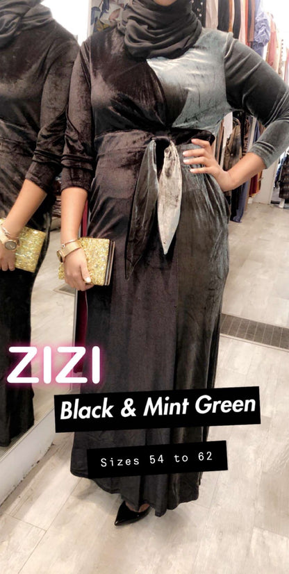 ZIZI Boutique Colorblock Two Tone Velvet Evening Dress in Black and Mint Green with a stylish belt