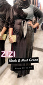 ZIZI Boutique Colorblock Two Tone Velvet Evening Dress in Black and Mint Green with a stylish belt