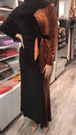 Colorblock Two Tone Velvet Evening Dress in black and orange with stylish tie detail