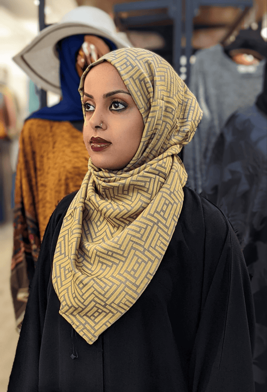 Cotton Print Hijab — Yellow & Grey Maze - ZIZI Boutique