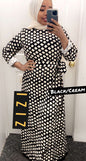 Doba Winter Dress maxi dress in black and cream geometric pattern with waist tie