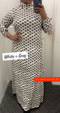 Doba Winter Dress white and grey maxi dress with geometric pattern and long sleeves