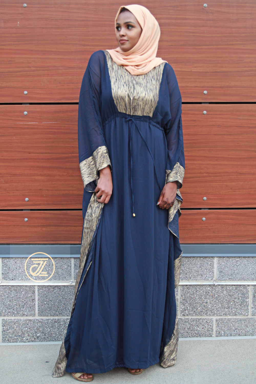 ZIZI Navy Butterfly Dress with Elegant Gold Trim and Flowing Sleeves for Stylish Outings