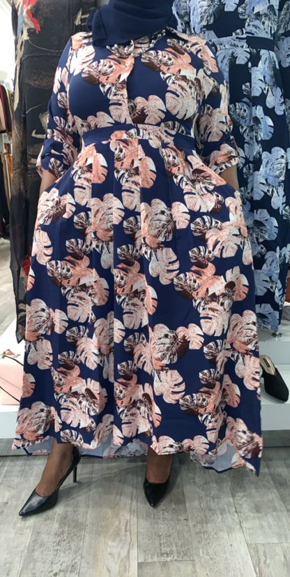 Elegant Floral High Low Maxi Dress in Navy with Pink Floral Design, Perfect for Special Occasions