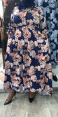 Elegant Floral High Low Maxi Dress in Navy with Pink Floral Design, Perfect for Special Occasions