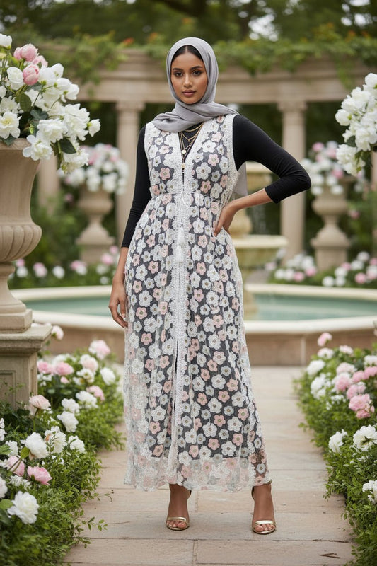 Floral Sleeveless White Open Abaya - ZIZI Boutique