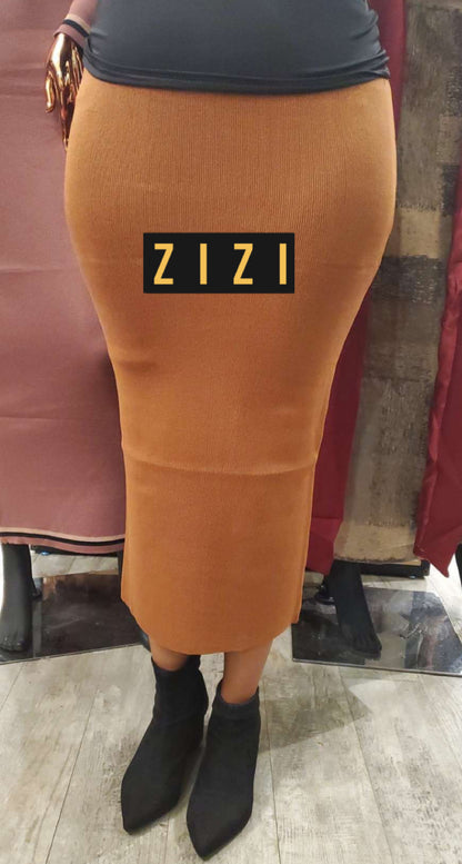 Free Size Women's Sweater Maxi Skirt in camel brown from ZIZI Boutique, styled with black ankle boots