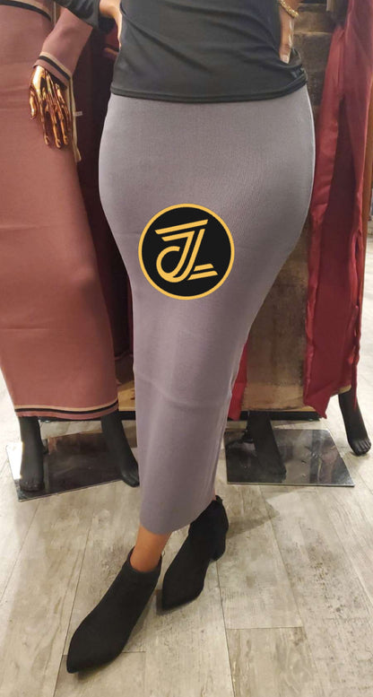 Free Size Women's Sweater Maxi Skirt in light gray worn with black boots and a black top